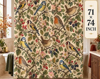 Vintage Bird Shower Curtain, Songbirds on Flowering Branches Fabric Curtain, Cottage Botanical Bathroom Decor