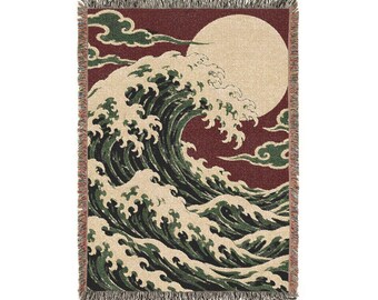 Japanese Wave Woven Blanket, Moon and Ocean Tapestry Throw, Burgundy Sage Japandi Wall Hanging, Cotton Fringe Blanket Gift