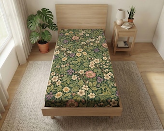William Morris Einzelbettlaken, grüne geblümte Cottagecore-Bettwäsche, Vintage-Bettlaken mit botanischen Motiven, Bettwäsche für Studentenwohnheime, Kinderzimmerdeko