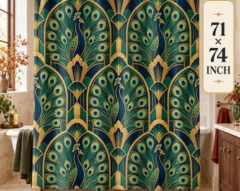 Art Deco Peacock Shower Curtain, Emerald Teal Gold Feather Fabric Curtain, Glam Bathroom Decor