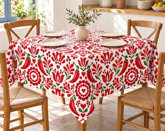 Red Paprika Kalocsa Tablecloth, Hungarian Folk Pepper and Tulip Table Cloth, Farmhouse Kitchen Dining Decor