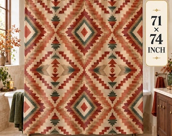 Southwestern Geometric Shower Curtain, Burnt Orange Mesa Fabric Curtain, Mid Century Desert Bathroom Decor