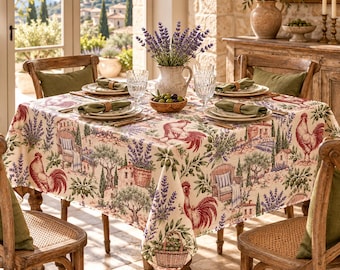 French Rooster Tablecloth, Provence Lavender Toile Table Cloth, Country Kitchen Dining Decor