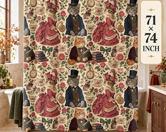 Victorian Cat Shower Curtain, Dressed Cats with Top Hats Fabric Curtain, Vintage Whimsical Bathroom Decor