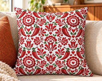 Hungarian Paprika Pillow Cover, Red White Kalocsa Folk Throw Pillow, Farmhouse Kitchen Cushion