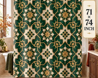 Moroccan Zellige Shower Curtain, Emerald and Gold Star Tile Fabric Curtain, Riad Bathroom Decor