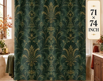 May include: A dark green shower curtain featuring a repeating gold damask pattern. The curtain is suspended from a bronze-toned rod with rings and measures 71 x 74 inches as indicated by the text on the right side of the image.