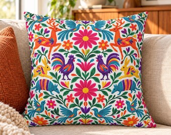 Colorful Otomi Pillow Cover, Mexican Tenango Embroidery Throw Pillow, Boho Folk Art Cushion