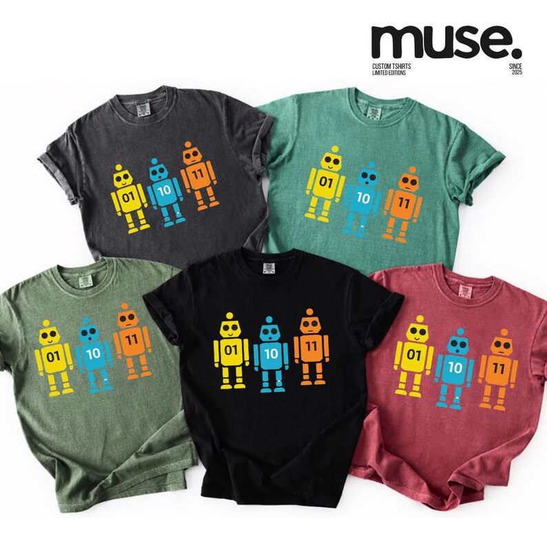 K&ouml;nnte beinhalten: Sechs kurz&auml;rmelige T-Shirts in verschiedenen Farben, jeweils mit einem bunten Roboter-Motiv in Gelb, Blau und Orange, mit den Zahlen 01, 10 und 11. Die Shirts haben den Text "muse. CUSTOM TSHIRTS LIMITED EDITIONS SINCE 2025".