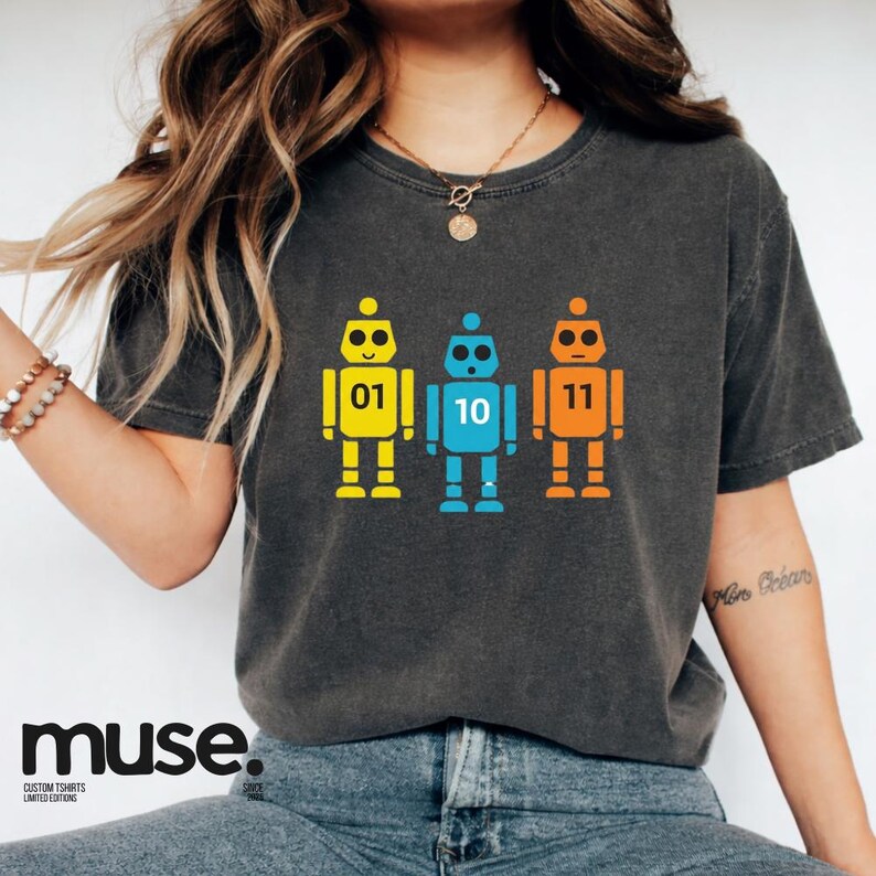 K&ouml;nnte beinhalten: Dunkelgraues T-Shirt mit drei bunten Roboter-Grafiken. Jeder Roboter ist gelb, blau oder orange und tr&auml;gt die Zahlen 01, 10 und 11 auf der Brust. Am unteren Rand des Shirts steht das Wort "muse."