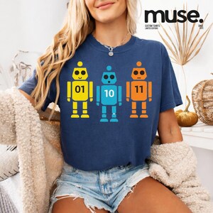 K&ouml;nnte beinhalten: Marineblaues T-Shirt mit drei bunten Roboter-Designs. Jeder Roboter ist gelb, blau und orange, mit den Zahlen 01, 10 und 11 auf der Brust. Der Text "muse." befindet sich oben rechts. L&auml;ssiger Stil.