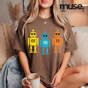 K&ouml;nnte beinhalten: Braunes T-Shirt mit drei bunten Roboter-Designs in Gelb, Blau und Orange. Jeder Roboter hat eine Nummer: 01, 10 und 11. Auf dem Shirt steht auch der Text "muse. CUSTOM TSHIRTS LIMITED EDITIONS SINCE 2023" rechts oben. Ein l&auml;ssiges Kleidungsst&uuml;ck.