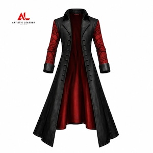 Peut inclure: Un long manteau noir avec des manches à motifs rouges et une doublure intérieure rouge. Le vêtement présente un col haut, une ouverture frontale avec de multiples petites attaches noires et des manches longues à poignets noirs. Le logo AL ARTISTIC LEATHER STUDIO est visible.