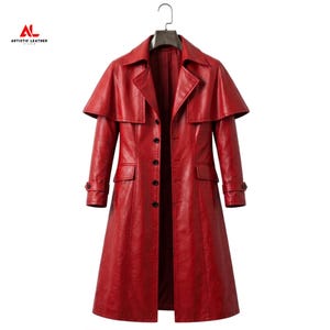 May include: A vibrant red leather trench coat featuring a wide cape-style collar, a front button closure, long sleeves with buckled cuffs, and two flap pockets. The coat is displayed on a black hanger against a plain white background.