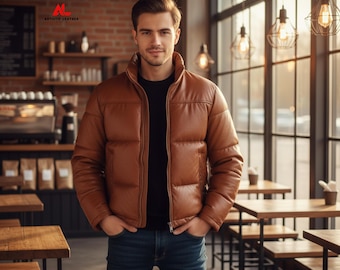 Herren Braun Leder Steppjacke – Handgefertigte Gesteppte Lederjacke – Winter Bomberjacke – Warme Streetwear Oberbekleidung Geschenk für Ihn