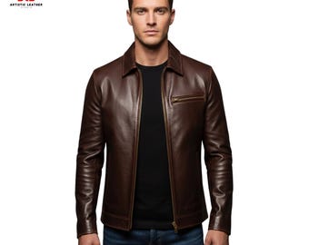 Chaqueta de cuero marrón para hombre / Chaqueta clásica de cuero genuino de corte entallado / Chaqueta de motociclista vintage para hombre / Abrigo de cuero hecho a mano