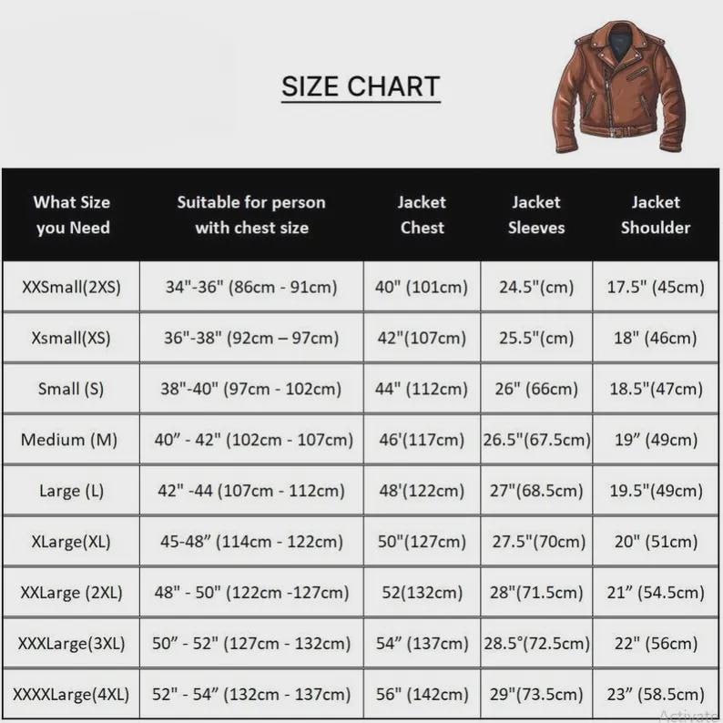 May include: A size chart for a brown leather motorcycle jacket. The table lists sizes from XXSmall to XXXXLarge, providing measurements in inches for person chest size, jacket chest, jacket sleeves, and jacket shoulder width.