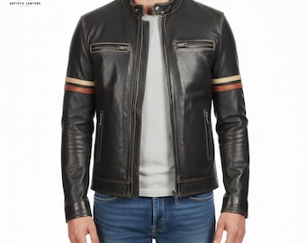 Men’s Black Leather Biker Jacket – Vintage Cafe Racer Motorcycle Jacket with Striped Sleeves, Genuine Leather Slim Fit Coat
