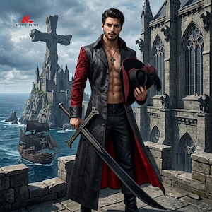 May include: A long black leather coat with red patterned sleeves and a red lining, worn open over black leather trousers. The coat features a structured collar and buttons. A wide-brimmed black and red hat with a dark feather is held in one hand.