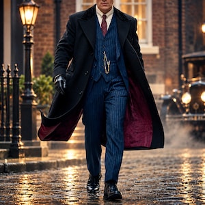 May include: A long black overcoat with a dark velvet collar and deep red lining worn over a navy blue pinstriped three-piece suit. The ensemble includes a white collared shirt, a dark red tie, a gold pocket watch chain, and black leather gloves.
