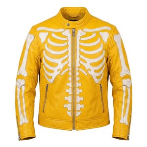 Gelbe Leder-Bikerjacke mit Skelett-Motiv: Gothic-Punk-Streetwear-Motorradjacke für Halloween