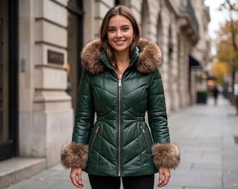 Women Leather Puffer Coat with Fur Hood and Cuffs | Quilted Winter Jacket | Warm Hooded Parka for Women