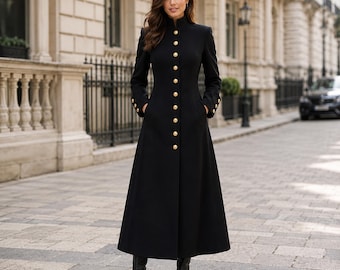 Black Military Style Long Coat, Gold Button Tailored Maxi Wool Overcoat