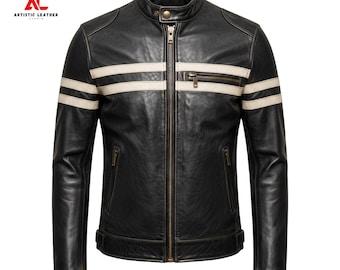 Men’s Black Leather Biker Jacket with White Racing Stripes – Quilted Lined Motorcycle Jacket, Cafe Racer Style