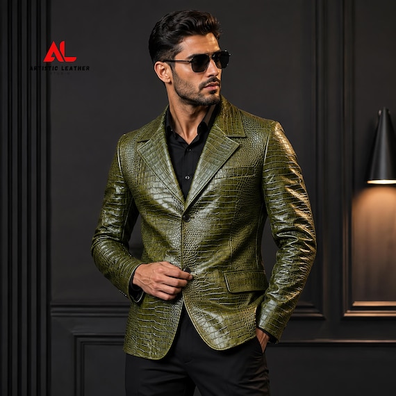 Men's Green Crocodile Embossed Leather Blazer, Genuine Alligator Textured Coat