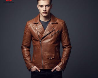 Men’s Brown Leather Biker Jacket – Genuine Leather Moto Jacket, Slim Fit Vintage Motorcycle Jacket for Men, Classic Cafe Racer Coat