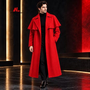 Cappotto lungo rosso con mantello, cappotto da uomo in misto lana, trench spolverino con mantello, cappotto gotico da vampiro, giacca invernale di tendenza, idea regalo