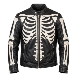 Svart läderskelettbikerjacka för män, gotisk punk streetwear-kappa, dödskallekostymkappa, läskig Halloween-outfit