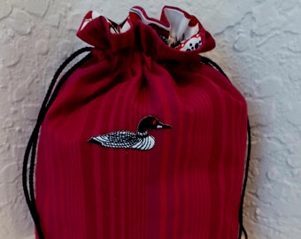 Loon Drawstring Bag - Red Striped Cotton - Loon Applique - Completely Lined - Gift Item