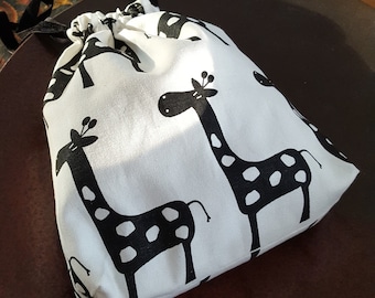 Made To Order - Fabric Draw String Tote Bag - Giraffes - Black and White Bag - Everyday Bag - FREE SHIPPING