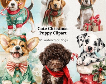 Watercolor Christmas Puppy Clipart Set – Holiday Dog PNGs