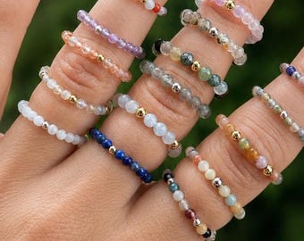 Handgemachter Edelsteinring | Elastischer Perlenring | Kristallring | Heilstein Schmuck | Boho Ring | Geschenk für Frauen | 18K vergoldet