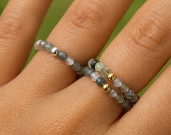 Natural Stone Ring | Handmade Gemstone Beaded Ring | Elastic Stacking Ring | Boho Jewelry | Gold or Silver | Gift