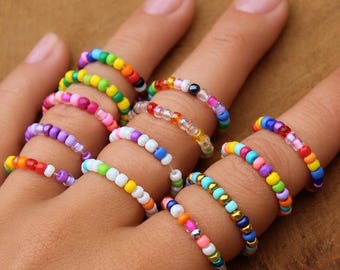 Delicate beaded ring | Handmade colorful ring | Elastic stacking ring | Boho jewelry | Gift for women & girls