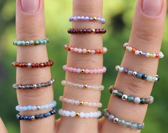 Handgemachter Edelsteinring | Elastischer Perlenring | Kristallring | Heilstein Schmuck | Boho Ring | Geschenk für Frauen | 18K vergoldet
