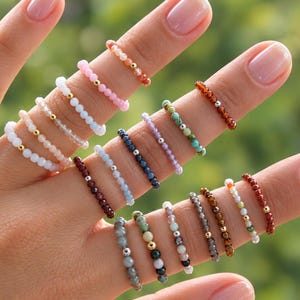 Handgemachter Edelsteinring | Elastischer Perlenring | Kristallring | Heilstein Schmuck | Boho Ring | Geschenk für Frauen | 18K vergoldet