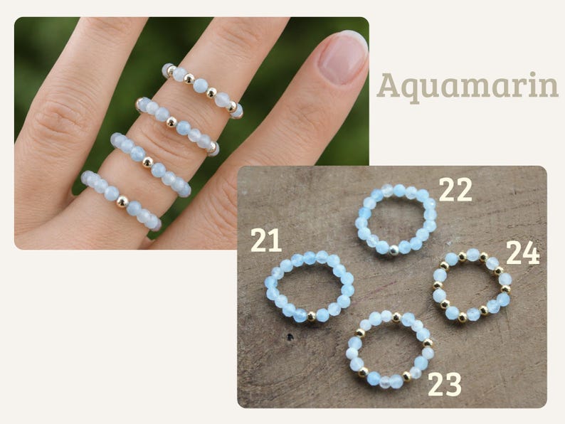 May include: Four rings made of light blue faceted beads and small metallic gold-tone spacer beads. The rings are labeled with the numbers 21, 22, 23, and 24. The text Aquamarin is visible in the upper right corner of the image display.