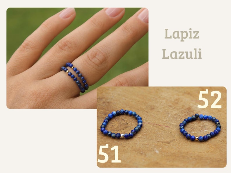 May include: Two rings made of small, faceted, deep blue Lapis Lazuli beads. One ring features a single metallic silver bead, while the other features a single metallic gold bead. The text Lapiz Lazuli, 51, and 52 are visible in the image.