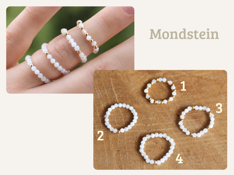 May include: Four rings made of small white beads and metallic gold or silver accents. The rings are labeled with numbers one through four, and the text Mondstein is displayed. The beads have a translucent appearance and are arranged in a circular band.