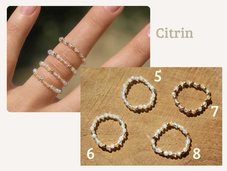 May include: Four delicate beaded rings featuring small, translucent, pale yellow citrine stones interspersed with tiny metallic gold-tone beads. The rings are shown both worn on fingers and arranged individually, labeled with the numbers 5, 6, 7, and 8.