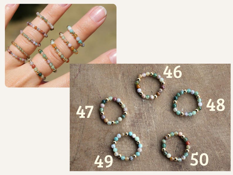 May include: A collection of elastic rings made from small, multicolored gemstone beads interspersed with tiny gold-toned metallic spheres. The rings are labeled with the numbers 46, 47, 48, 49, and 50, showcasing various color combinations of green, blue, and earth tones.