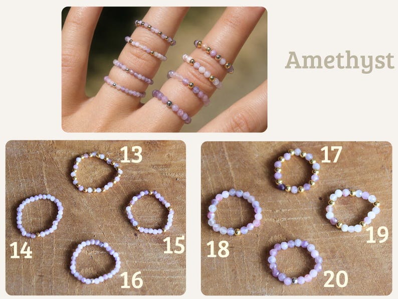 May include: A collection of beaded rings featuring light purple amethyst stones and small metallic beads. The rings are displayed on fingers and individually numbered 13 through 20, with the text Amethyst visible in the upper right corner.