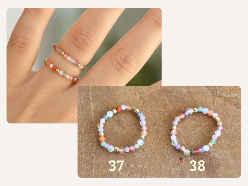 May include: Two elastic rings made of small, multicolored gemstone beads interspersed with tiny gold-toned metallic spheres. The rings are labeled 37 and 38, featuring a variety of pastel and vibrant stone colors arranged in a circular pattern.