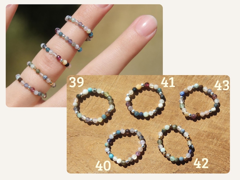 May include: A collection of five beaded rings labeled 39, 40, 41, 42, and 43. Each ring is crafted from small, multi-colored gemstone beads interspersed with tiny metallic silver or gold-toned spacer beads, creating a delicate, circular band design.