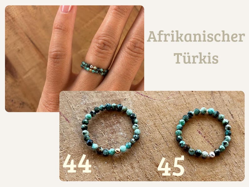 May include: Two beaded rings made of small, faceted African turquoise stones. Ring 44 features a gold-toned bead, while ring 45 includes a silver-toned bead. The text Afrikanischer T&uuml;rkis is visible, along with the numbers 44 and 45.