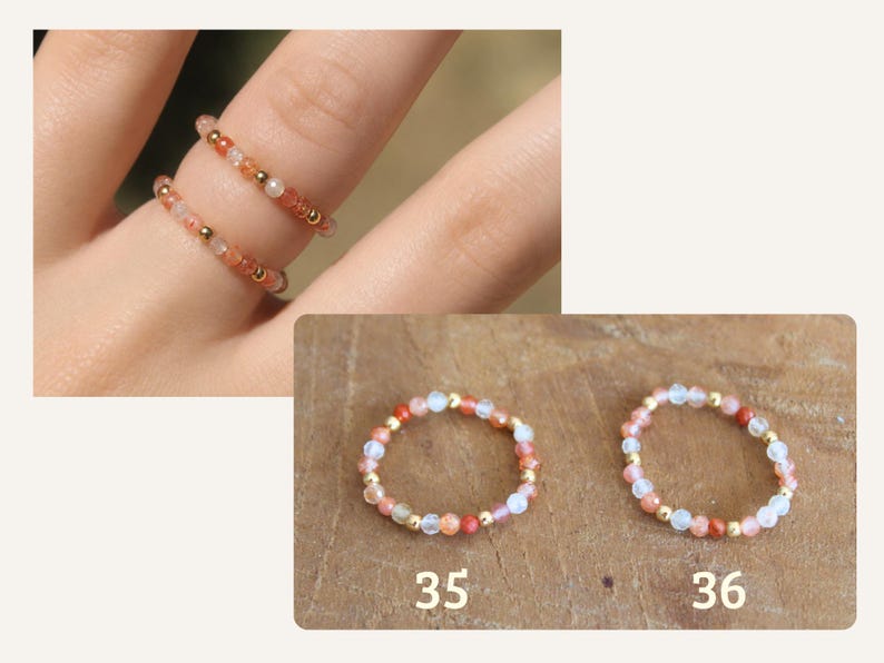 May include: Two beaded rings featuring small, round, multi-colored gemstone beads in shades of orange, pink, and translucent white, interspersed with tiny metallic gold-tone spacer beads. The rings are labeled with the numbers 35 and 36.